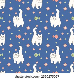 Seamless pattern with animals Cute seamless cat pattern Decorated with flowers, leaves, polka dots, designed for printing on paper, fabric, children's clothing, and wallpaper.
