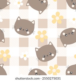 Seamless pattern with animals Cute seamless cat pattern Decorated with flowers, leaves, polka dots, designed for printing on paper, fabric, children's clothing, and wallpaper.