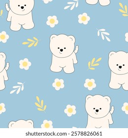 Seamless pattern with animals Cute seamless dog pattern decorated with flowers, leaves, polka dots, designed for printing on paper, fabric, children's clothing, and wallpaper.