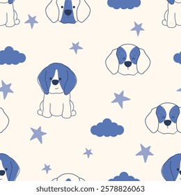 Seamless pattern with animals Cute seamless dog pattern decorated with flowers, leaves, polka dots, designed for printing on paper, fabric, children's clothing, and wallpaper.