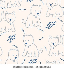 Seamless pattern with animals Cute seamless dog pattern decorated with flowers, leaves, polka dots, designed for printing on paper, fabric, children's clothing, and wallpaper.