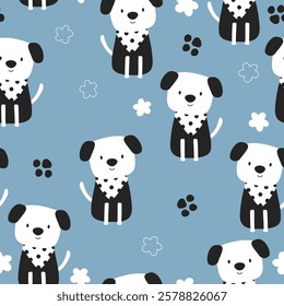 Seamless pattern with animals Cute seamless dog pattern decorated with flowers, leaves, polka dots, designed for printing on paper, fabric, children's clothing, and wallpaper.