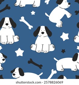 Seamless pattern with animals Cute seamless dog pattern decorated with flowers, leaves, polka dots, designed for printing on paper, fabric, children's clothing, and wallpaper.