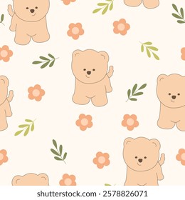 Seamless pattern with animals Cute seamless dog pattern decorated with flowers, leaves, polka dots, designed for printing on paper, fabric, children's clothing, and wallpaper.