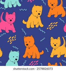 Seamless pattern with animals Cute seamless dog pattern decorated with flowers, leaves, polka dots, designed for printing on paper, fabric, children's clothing, and wallpaper.