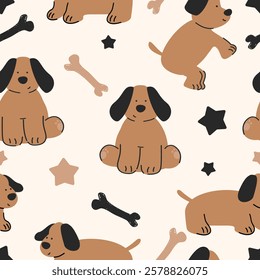 Seamless pattern with animals Cute seamless dog pattern decorated with flowers, leaves, polka dots, designed for printing on paper, fabric, children's clothing, and wallpaper.