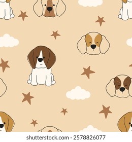 Seamless pattern with animals Cute seamless dog pattern decorated with flowers, leaves, polka dots, designed for printing on paper, fabric, children's clothing, and wallpaper.