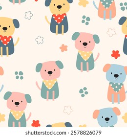 Seamless pattern with animals Cute seamless dog pattern decorated with flowers, leaves, polka dots, designed for printing on paper, fabric, children's clothing, and wallpaper.