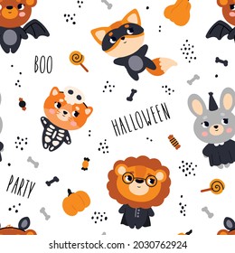 Seamless pattern with animals. Cute Halloween background