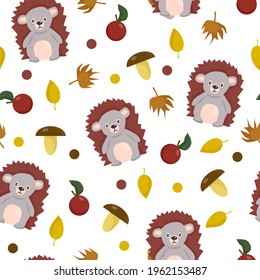 Seamless pattern with animals. Cute hedgehog with botanical elements of apples, mushrooms and leaves. Cartoon vector illustration for children's clothes, wallpaper. Gift wrapping, paper and fabric. 