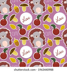 Seamless pattern with animals. Cute hedgehog with botanical elements of apples, mushrooms and leaves. Positive inscriptions. Cartoon vector print for children's clothes, wallpaper. Gift wrap, paper