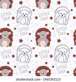 Seamless pattern with animals. Cute hedgehog with stars. Positive inscriptions. Cartoon vector print for children's clothes, wallpaper. Gift wrap, paper and fabric.
