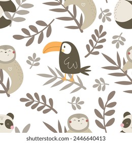 Seamless pattern with animals, decor elements. colorful vector for kids. hand drawing, flat style. baby design for fabric, print, textile, wrapper
