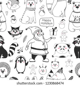 Seamless pattern with animals and different christmas elements. Vector illustration in sketch style.