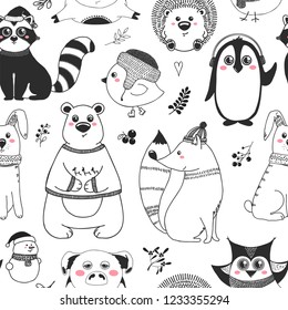 Seamless pattern with animals and different christmas elements. Vector illustration in sketch style.