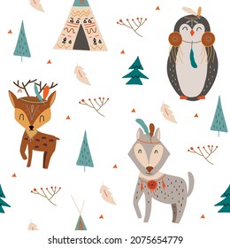 Seamless pattern with animals and elements in the Scandinavian style for nursery and textiles. Vector illustration. Animals