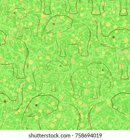 Seamless Pattern, Animals Elephants Outline Pictograms, Contours on Tile Green and Yellow Background. Vector