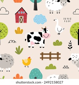 Seamless pattern with animals  farm and tree for your fabric, children textile, kids apparel, nursery decoration, gift wrap paper. Vector illustration