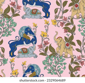 seamless pattern with animals and flowers