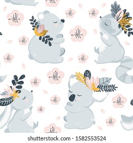 seamless pattern with animals and flowers - vector illustration, eps