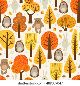 Seamless pattern with animals in the forest. Autumn