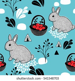 Seamless pattern with animals and forest berries. Vector illustration.