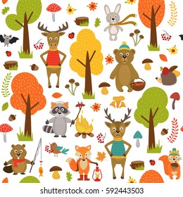 seamless pattern with animals of forest on white background- vector illustration, eps