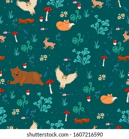 Seamless pattern with animals in the forest. Vector graphics.