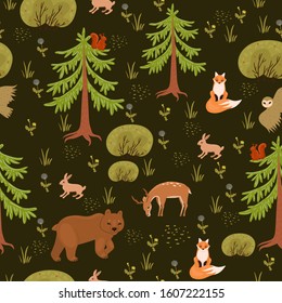 Seamless pattern with animals in the forest. Vector graphics.