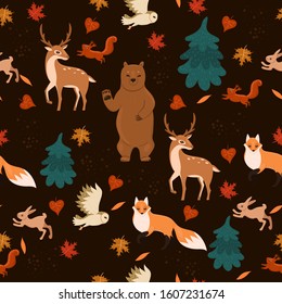 Seamless pattern with animals in the forest. Vector graphics.
