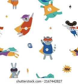 Seamless pattern with animals in funny superhero costumes. Cute vector background with mouse, koala, dog, raccoon, hare, elephant isolated on white background.