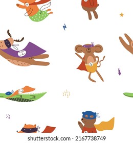 Seamless pattern with animals in funny superhero costumes. Cute vector background with bear, monkey, koala, dog, fox, deer, crocodile, bear isolated on white background.