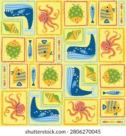 seamless pattern with animals Geometric Ocean Patchwork Pattern with Sea Creatures