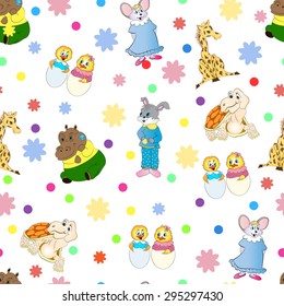 Seamless pattern with animals: hippo, giraffe, mouse, chicken, turtle, rabbit on withe background