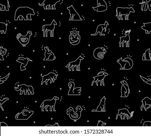 Seamless pattern with Animals icons. Animal icons set. Isolated on Black background