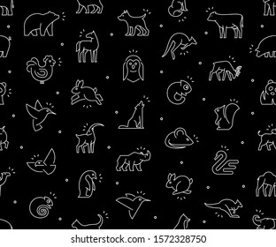 Seamless pattern with Animals icons. Animal icons set. Isolated on Black background