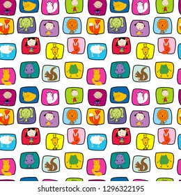 Seamless pattern with  animals and kids in doodle style