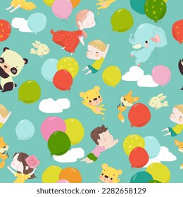 Seamless Pattern with Animals and Kids flying with Balloons in the Sky