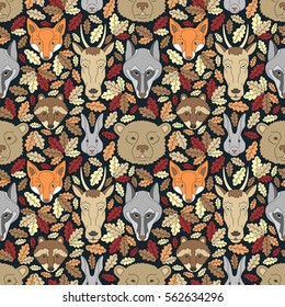 Seamless pattern with animals and leaves. Can be used for graphic design, textile design or web design.