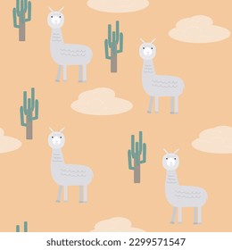 Seamless pattern with animals (llama) and cacus. Vector graphics for fabric or background.