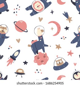 Seamless pattern with animals llama, fox, penguin, lion and space elements rocket, stars, moon, planets, ufo. For decorations greeting cards, prints, baby swatch