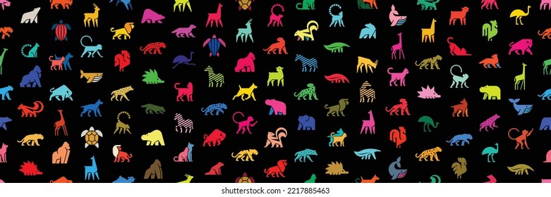 Seamless pattern with Animals logos. Animal logo set. Isolated on Black background	