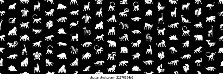 Seamless pattern with Animals logos. Animal logo set. Isolated on Black background	