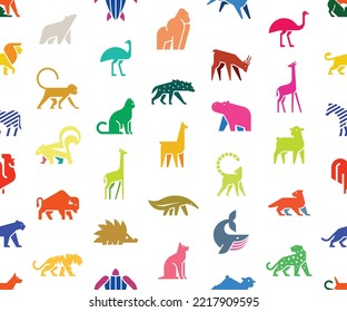 Seamless pattern with Animals logos. Animal logo set. Isolated on White background