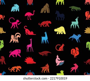 Seamless pattern with Animals logos. Animal logo set. Isolated on Black background