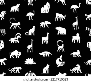 Patrón transparente con logotipos de animales. Conjunto de logotipos para animales. Aislado sobre fondo negro