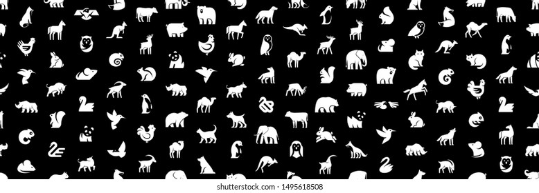 Seamless pattern with Animals logos. Isolated on Black background