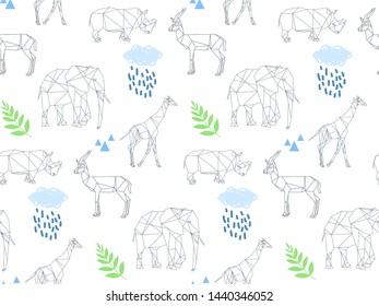 Seamless pattern with animals in the low poly style on a white background.