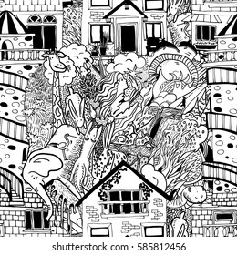 Seamless pattern with animals, mountains, people and cities, monochrome