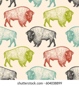 Seamless pattern with animals North America Bison. Hand drawing of wildlife. Vector illustration art. Black, white, green, blue and red color. Vintage. Design for fabrics, paper, textiles, fashion.